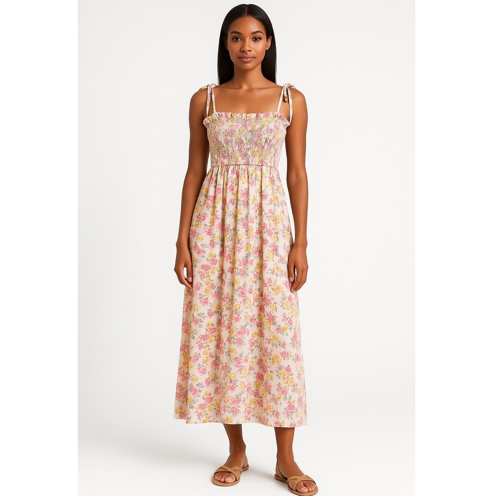 Kos Resort Floral Smocked Maxi Dress Size S Pink Yellow Tie‎ Strap Boho Cottage